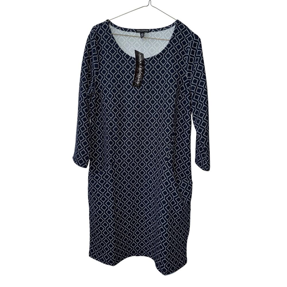 Nina Leonard Large Navy Ivory Geometric Print 3/4 Sleeve‎ Dress Pockets Career
